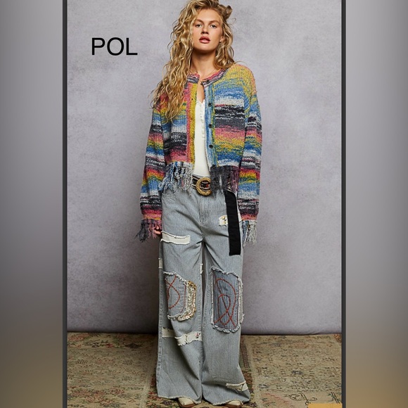 BO217-3💙💗POL perfect elevated Multicolored Abstract cardi w/on trend fringe! Wow - Picture 7 of 9